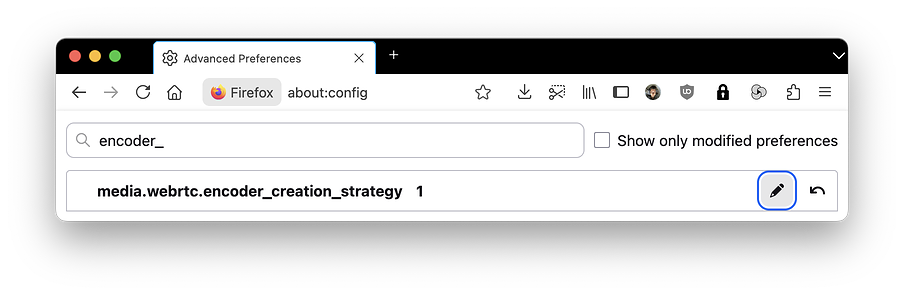 Firefox about:config showing media.webrtc.encoder_creation_strategy set to 1